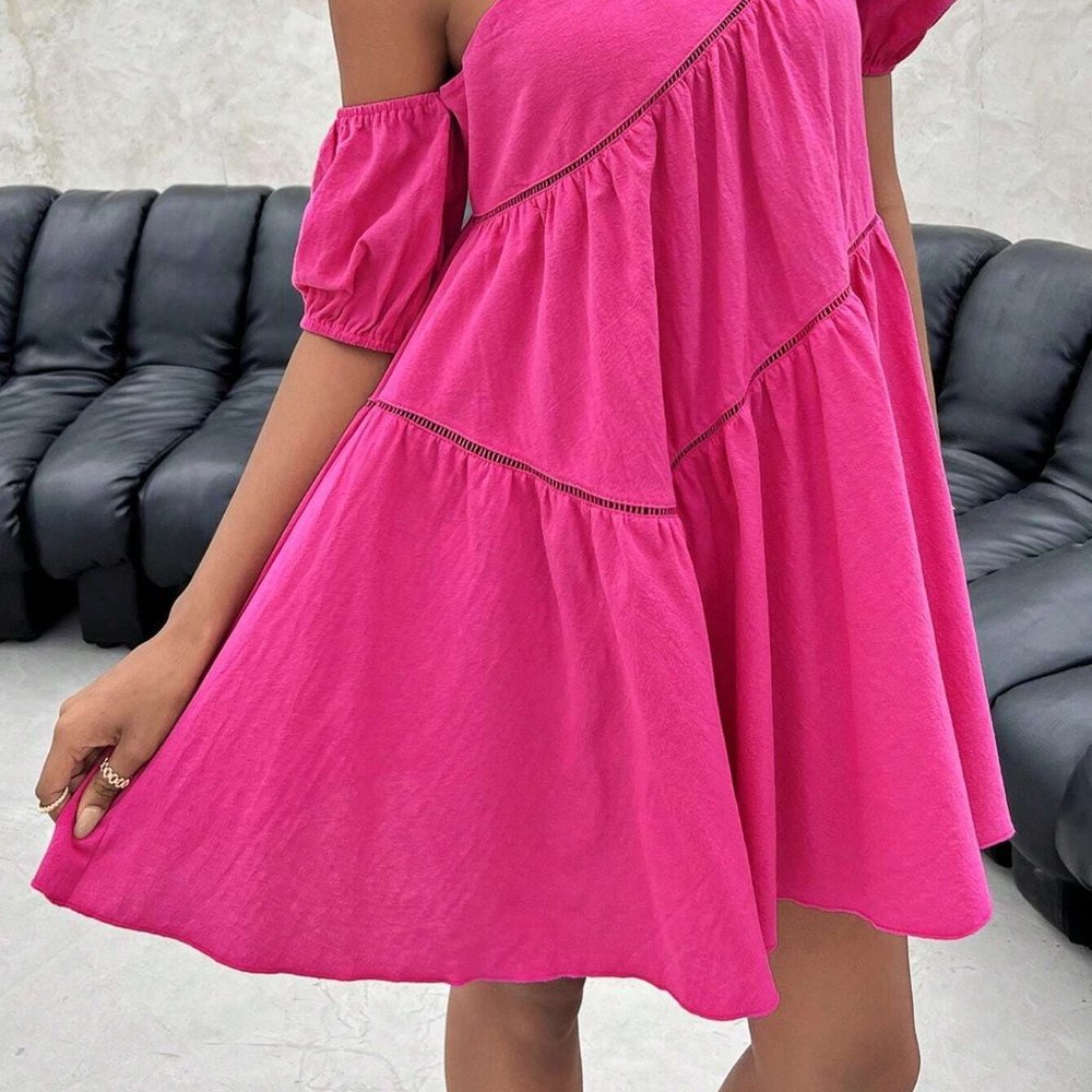 Pink Boho Womens Asymmetrical Neck Puff Sleeve Smock Dress - Picture 3 of 5